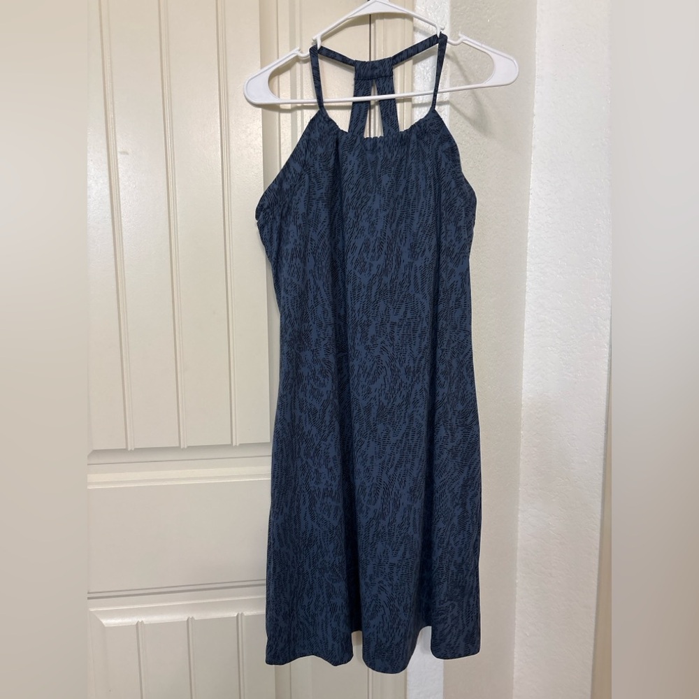 Eddie Bauer Harmony Dress Large Blue Black Print Halter Built-In Bra Athleisure
